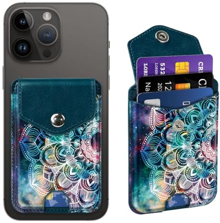 Yiyahu Self Adhesive Card Holders for Back of Phone, Leather RFID Phone Wallet Pockets with Snap, Slim Card Holders Sleeve for Phone Case, Mandala