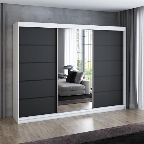 A&J MöbelLand Schwebetürenschrank VILUNO 2 Kleiderschrank 3-türig 200 cm mit Spiegel, 4 Schubladen & 2 Kleiderstangen, Geräumiger Schlafzimmerschrank (Weiß/schwarz)