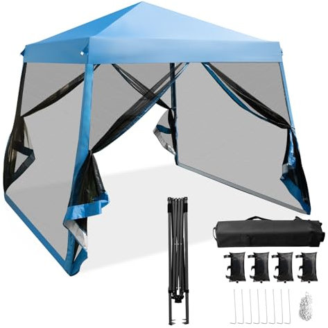 HOMASIS 3 x 3 mTonnelle Pop-up réglable en Hauteur avec moustiquaires, 4 Sacs de Sable,Sac de Transport sur roulettes, UPF 50+, Tente de réception Pliable pour Jardin, terrasse (Bleu)