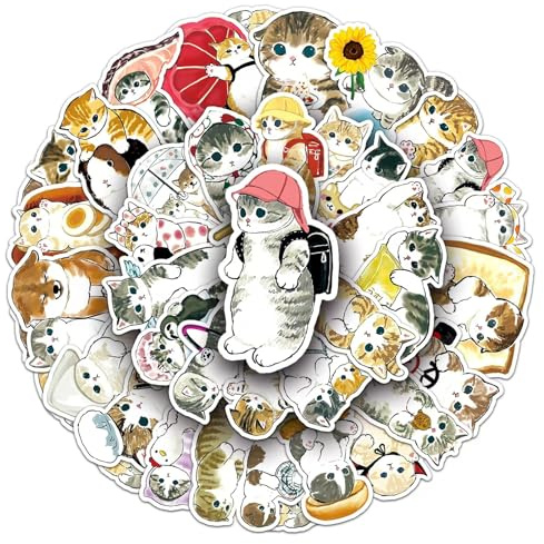 Kengege 50Pcs Cute Cat Water Bottle Stickers Waterproof Stickers Aesthetic Laptop Sticker Skateboard Stickers for Kids Teens Girls Students