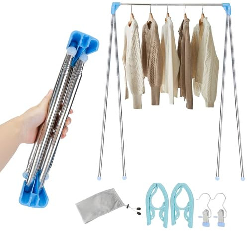 Stendino Pieghevole Portatile, Stand Appendiabiti Portatile da 13-28 Pollici, Stendibiancheria Retrattile, Appendiabiti da Camera Estensibile con Ganci Pieghevoli e Mollette per Viaggi, Campeggio