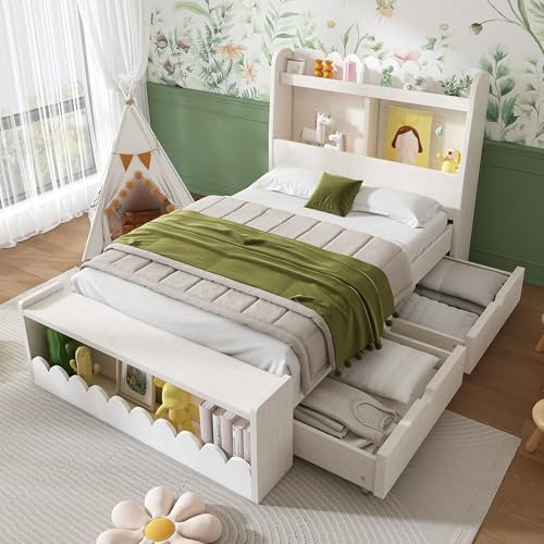 Gelukueub Kinderbett Einzelbett Stauraumbett mit Schubladen, Regal und Sitzbank mit Stauraum, Holzbett 90x200 cm, Bettgestell und Lattenrost aus Holz, Weiß mit Eichefarben