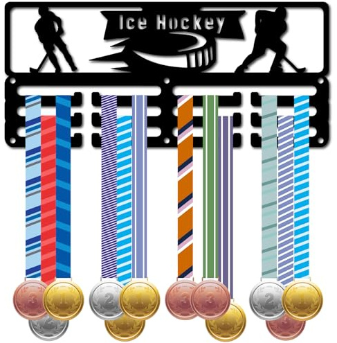 CREATCABIN Eishockey Medaillenhalter Medaillenaufhänger Ausstellungsständer Sportauszeichnungen Wandhalterung Dekor Kleines Hängegestell Metall Eisen Für Zuhause Abzeichen Gymnastik Schwarz 29x13cm
