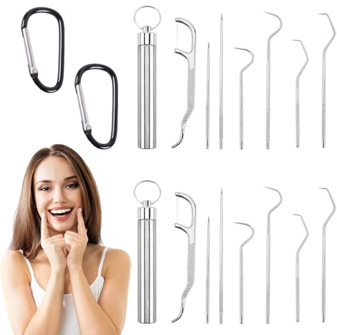 14 Pcs Stainless Steel Toothpicks Set, Portable Metal Toothpicks Holder with 2 Carabiners Reusable Plaque Remover Cleaning Tooth Hook Scraper Pick Teeth Tool for Outdoor Picnic Camping and Travel