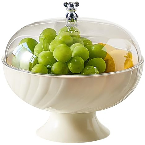 CAKEEYUM Fruit Bowl with Lid, 9.7x9.5 Inch Large Fruit Bowl, Clear Basket with Draining Holes, Decorative Pedestal for Kitchen Counter, Vegetable Breads Snacks, Cream White Home