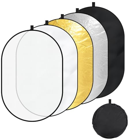 Qoolfoto 40x60/100x150cm Oval Photography Light Reflector with Bag, 5-in-1 Collapsible Multi Disc Diffuser - Gold, Silver, Black, White, Translucent Portable Soft Fabric for Studio Outdoor Lighting
