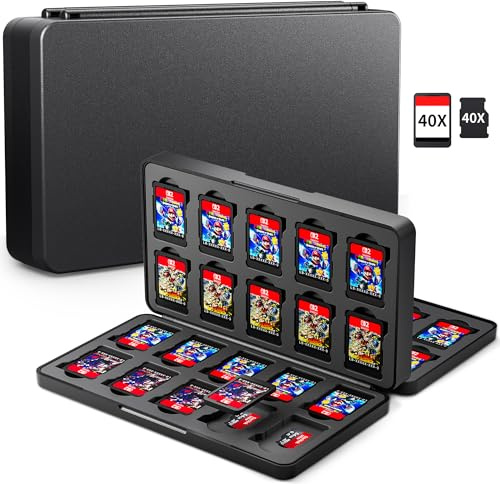 RHOTALL Custodia nera per carte da gioco Nintendo Switch/OLED/lite/Switch 2, custodia per 40 carte da gioco e 40 schede SD, chiusura magnetica portatile