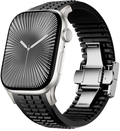 VKEOO Bracelet de montre en silicone compatible avec iWatch Ultra 2/Ultra/Series 10 9 8 7 (44 mm, 45 mm, 46 mm, 49 mm), bracelet de sport avec boucle pliable, robuste, design moderne pour homme