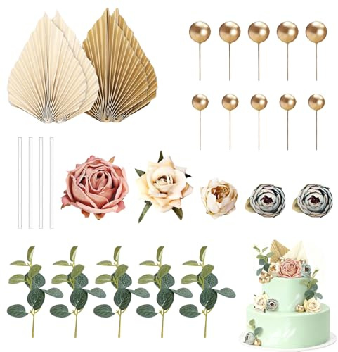 TMZELOA Set décoration gâteau boho anniversaire 28 pièces beige or avec fleurs artificielles boules dorées feuilles pour mariage baby shower communion baptême fête