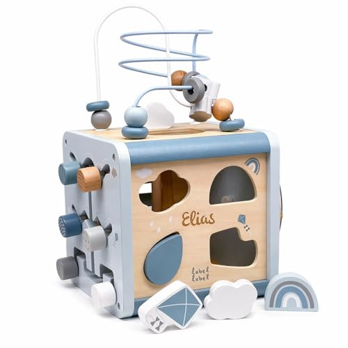 Mainely Motorikwürfel aus Holz personalisiert – Blau – Spielzeug ab 12 Monate – Geschenk für Babys & Kleinkinder
