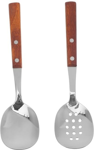 BUGUUYO Cucharas para Servir Buffet con Mango de Madera y Acero Inoxidable Cucharas Ranuradas para Cocina Utensilios Hogar Multifunción para Servir y Escurrir Alimentos