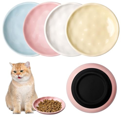 4 stycken kattskålar, keramik, matskål katt med halkfri silikonbotten, kattskål platt, kattskålar, 15 cm diameter, kattskål för husdjurskatter och valpar