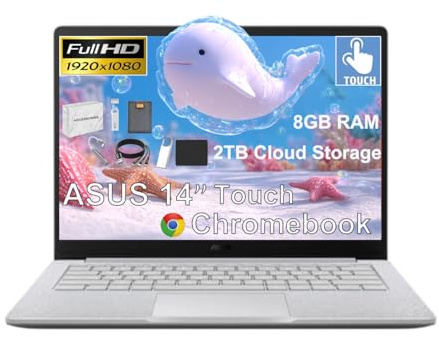 ASUS Chromebook para estudiantes con pantalla táctil FHD de 14 pulgadas, Intel Celeron N4500 (> i3-1115G4), 8 GB de RAM, almacenamiento en la nube de 2 TB, almacenamiento de 384 GB (eMMC de 128 GB +