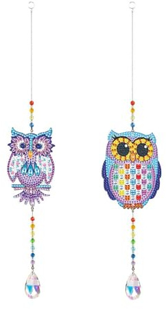 2 Pcs Diamond Painting Wind Chimes,5D Diamond Art Suncatchers with Crystal Pendant,DIY Hanging Ornaments for Windows Garden Decorations(OWL)