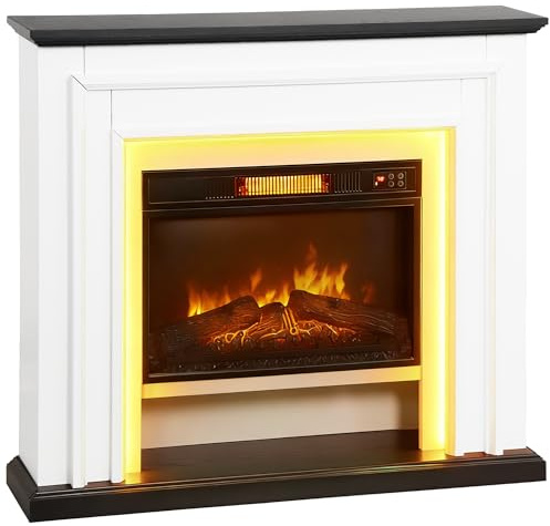 HOMCOM Cheminée électrique 1800W, lumières LED RGB, Effet Flamme à 3 Niveaux de luminosité, Fausse cheminée décorative avec Manteau, Thermostat, télécommande, minuterie, jusqu'à 30 m², Noir et Blanc