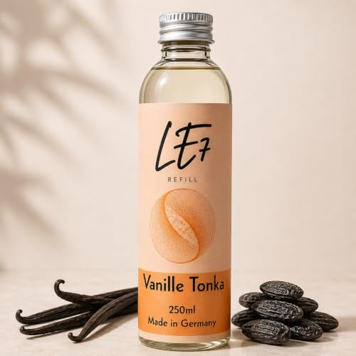 LE7 Raumduft Nachfüller 250 ml – Raumduft Refill mit ätherischen Ölen – Duftstäbchen Nachfüllflasche für Zuhause, Büro & Hotel – intensive&Langanhaltend (Vanille Tonka)