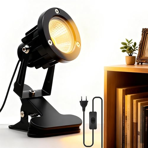 GOMETY 7 W LED spotlight strålkastare med klämma, varmvit 3 000 K klämspotlight med 1,8 m kabel, kontakt och strömbrytare LED, trädgårdsbelysning, trädgårdsbelysning, trädgårdsbelysning