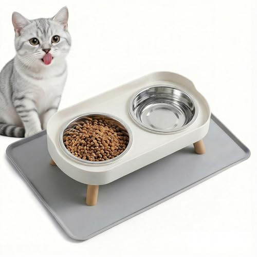 Futternapf Katze Erhöht Katzen Futterstation, Futterstation Napf Set mit Napfunterlage Silikon und Spritzschutz Fressnapf und Wassernapf, Doppelt Edelstahl Katzennäpfe für Katzen und kleine Hunde