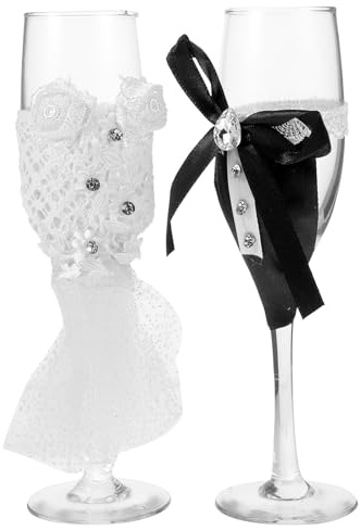 TOVINANNA Set 2 Bicchieri da Spumante per Sposi in Vetro Trasparente, Coppe da Vino Eleganti per Matrimoni e Anniversari, Accessori per Feste e Brindisi Nuziali