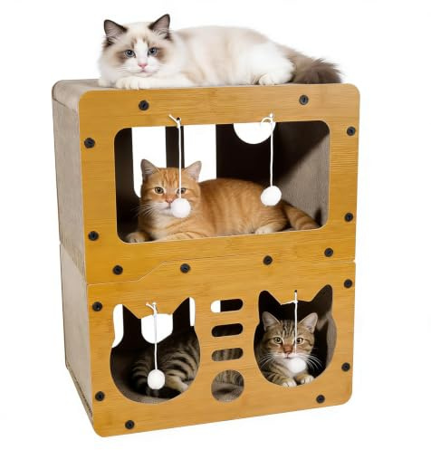 Guiwuiyu Cardboard Cat Scratcher House, 2-Floor Cat House Indoor with Scratching Board, Hanging Ball, Multi-Function Scratcher Bed for for Small Pets Play, Rest, Sleep(45x28x51cm)