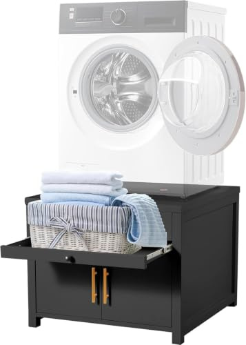 YODOLLA Meuble Machine à Laver|avec Tiroir et Placard de Rangement|Ch.320KG | Meuble Machine à Laver et Seche Linge en Métal noir |Réhausseur Universel pour Appareil Électroménager, H 58 cm