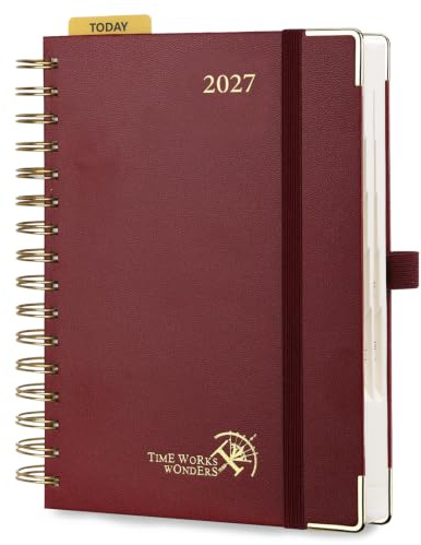 POPRUN Kalender 2027 Tageskalender A5 1 Tag 1 Seite, Hardcover Tagesplaner | 12-Monate-Terminplaner(Jan.2027-Dez.2027), Spiralbuch, 80 GSM Papier, mit Plastiklineal, für Büro & Studium(Burgund)