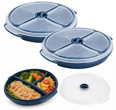 2Pcs Mikrowellenteller mit Deckel, Mikrowellengeschirr mit 3 Fächern, BPA-frei Kunststoff Portionsteller, Snackteller mit Deckel Rund 24,5x23x3,5cm, Lunchbox für Kühlschrank und Aufwärmen, Dunkelblau