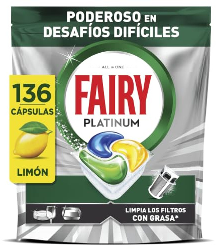 Fairy Platinum Cápsulas De Lavavajillas, Limón, 34 Cápsulas, Potente Incluso Con Los Restos De Comida Más Difíciles, Platos Limpios, Lavavajillas Brillante, Filtro Limpio Sinasa (Paquete de 4)
