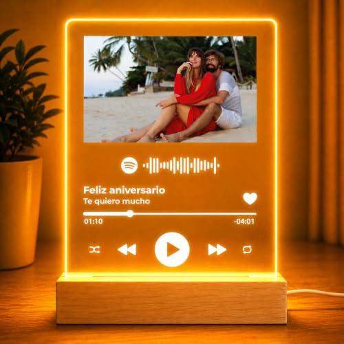Placa Spotify Personalizada, Regalos Personalizados para Hombre y Mujer, Lampara Personalizada con Foto, Placa Metacrilato Luz LED y Base Madera USB, regalo Cumpleaños, Navidad, Boda, Aniversario