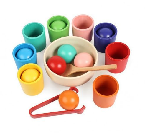 Amagogo Children Color Sorting Toy Wooden Color Match Cups With Balls And Red Tongs Set For Sorting And Balancing suitable for preschool curriculum playroom stations home use