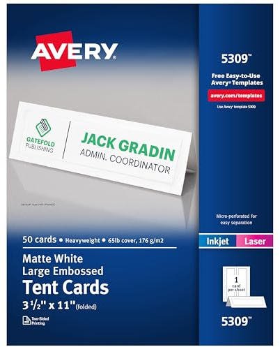 Avery Printable Tent Cards, 3.5 x 11, White with Embossed Border, 50 Blank Place Cards for Laser and Inkjet Printers (5309)