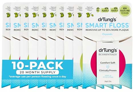 DrTung's Smart Floss - Natural Floss, PTFE & PFAS Free Floss, Gentle on Gums, Expands & Stretches, BPA Free - Cardamom Flavor, Colors Vary (10 Pack)