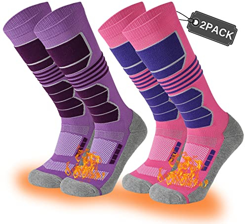 COOVAN Ski Socks Mens Womens 2 Packs Warm Winter Thermal Socks for Snow Snowboarding Knee High Compression Non-Slip Socks for Cold Weather