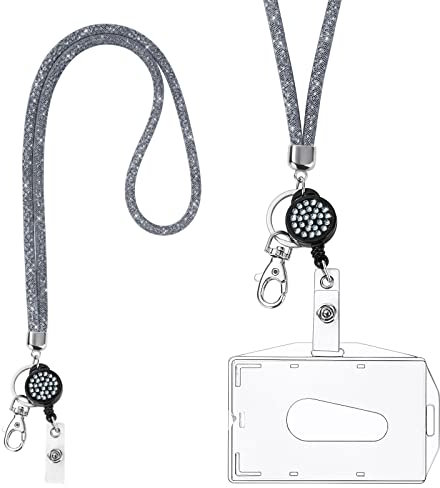 Vicloon Lanyard mit Kartenhalter, Kristall Lanyard Halskette mit Transparent ID Karten Halter, ID Card Holder Abzeichen Kit für Schlüsselanhänger und ID(Grau)