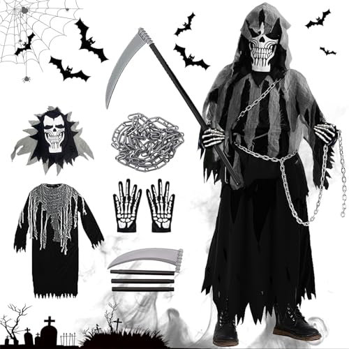 Deguisement Halloween Enfant, Déguisement Squelette pour Garcon et Fille, Déguisement de Faucheuse avec Faucille + Masque de Crâne + Gants + Chaine, Cape a Capuche Noire, Vêtements Effrayant Fête (S)