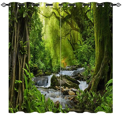 YUANZU Wald Vorhänge Natur Tropischer Dschungel Fluss Regenwald Wasserfall Ösen Gardinen mit Blickdichte Blackout Curtain Wohnzimmer Schlafzimmer Verdunkelung Fenster, 2 Stück, H 160 x B 106 cm