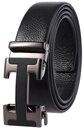 VJK Men's Leather Belt Ratchet Belt Dress with Premium Leather Slide Belt with Easier Adjustable Automatic Buckle Casual Accessories for Every Occasion (49in)