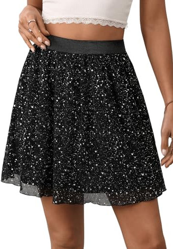 GORGLITTER Glitzer Damen Pailletten Kurz Rock Mit Netzstoff - Minirock Mit Gummizug Sexy Party - Schwarz M