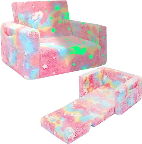 SLIGUY Divano per bambini, divano per bambini, divano per bambini, sedia pieghevole per bambini, divano convertibile per lettino estraibile, poltrona con unicorno che si illumina al buio per ragazzi e