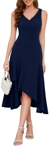 Aupuls Women High Low Midi Formal Dress V Neck Ruffle Wedding Guest Dresses | Elegant flowing ruffle hem, Invisible zipper, high-low hem elongates silhouette, versatile for prom, cocktail, evening events