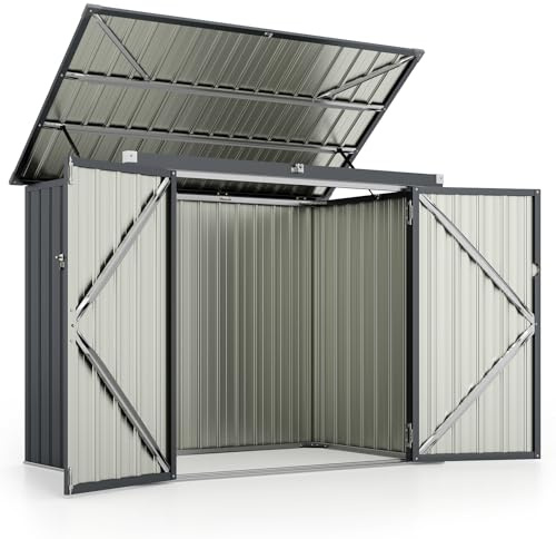 COSTWAY Abri de Jardin en Métal Galvanisé 1,5 m², Cache Poubelle Exterieur Verrouillable, Toit Ouvert, 2 Portes, Abri Poubelle Exterieur, 4 Gants, Rangement Etanche pour Vélo,Outils(Gris foncé)