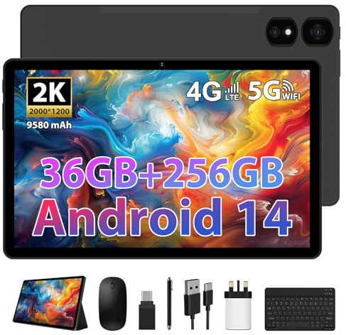 AXETOP Android 14 Tablet,10.6 Inch Tablet with Protective Case, RAM 36GB+ROM 256GB(Up to 2 TB), 5G WiFi+SIM Card Slots, Octa-Core, 8.0MP Front+13.0MP Rear Camera, 9580mAh, BT5.0, 2000*1200 IPS - Black
