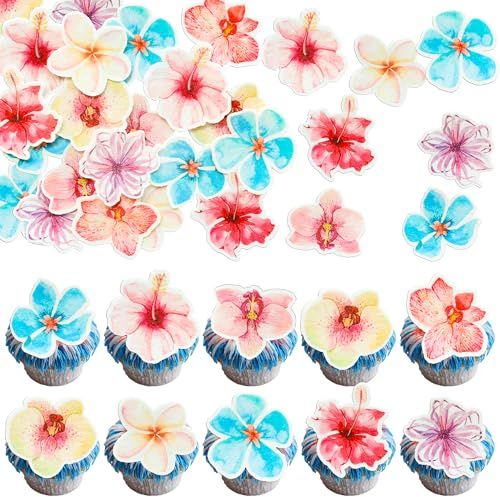 Gyufise 54Pcs Edible Flowers Cupcake Toppers Rice Paper Daisy Sunflower Cherry Blossom Cupcake Picks Decoration for Spring Summer Baby Shower Wedding Birthday Party Cake Decorations Multicolor