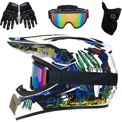 HNGKGJBL Youth ATV Helmet with Visor Electric Dirt Bike for Kids 8-14 Kids Motocross Helmet with Goggles Gloves Mask, ATV BMX Downhill Mountain Bike, DOT Approved(905 white claw,M(54-55cm))