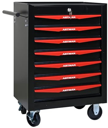 FammyLoft Rolling Werkzeugkoffer, Metall Werkzeugkiste mit 7 Schubladen, Werkzeugkasten Kugellagerschubladenrutschen, Schubladenschrank Werkstatt, Stahlwerkzeugspeicherbox, Schwarz