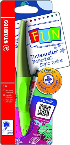 Ergonomischer Tintenroller - STABILO FUN in limettengrün/khaki - inklusive 2 Aufkleberkarten zum Sammeln - Schreibfarbe blau (löschbar)