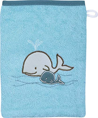 Wörner Bio Kinder-Waschhandschuh Walfamilie Walk-Frottier hellblau Größe 15x21 cm