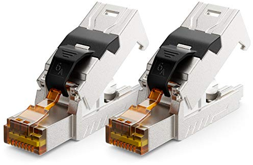 deleyCON RJ45 Stecker 10 Gbit/s werkzeuglos LSA CAT6a-CAT8 PoE, 2 Stück | Schneidklemme, für LAN Ethernet Verlegekabel, Netzwerkkabel, geschirmt, Metallgehäuse