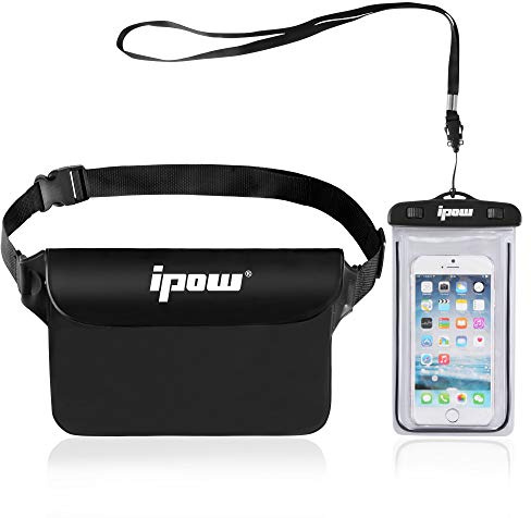 ipow 2 in 1 Marsupio Impermeabile Mare Universale Custodia Impermeabile per Cellulare, Chiusura a 3 Zip Super Protezione Certificato IPX8 con Cintura Regolabile per Documento Cellulare, Nero