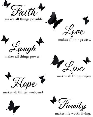 6 Pièces Autocollant Mural Faith Hope Love Laugh Family Live Autocollants de Mur de Motivation avec 12 Pièces 3D Autocollants de Papillon Autocollants de Citations Inspirantes pour Bureau Maison